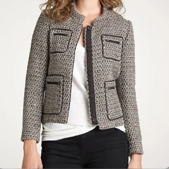 J.CREW metallic tweed & faux leather snap front blazer jacket tan cream black